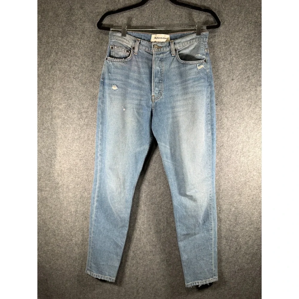 Reformation High Rise Straight Leg Jeans Light‎ Wash Blue Distressed Button Fly